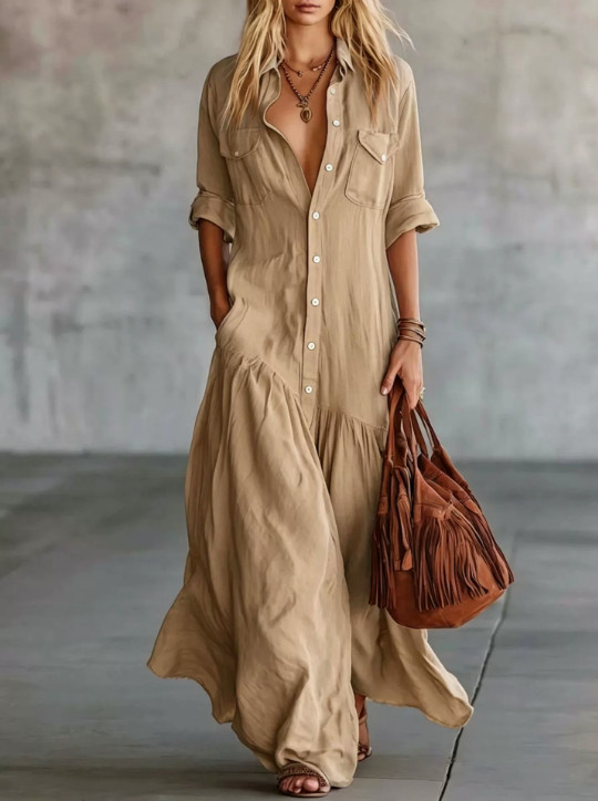Women Boho Button Down Maxi Dress Loose Flowy Long Shirt Dress Pockets Tunic