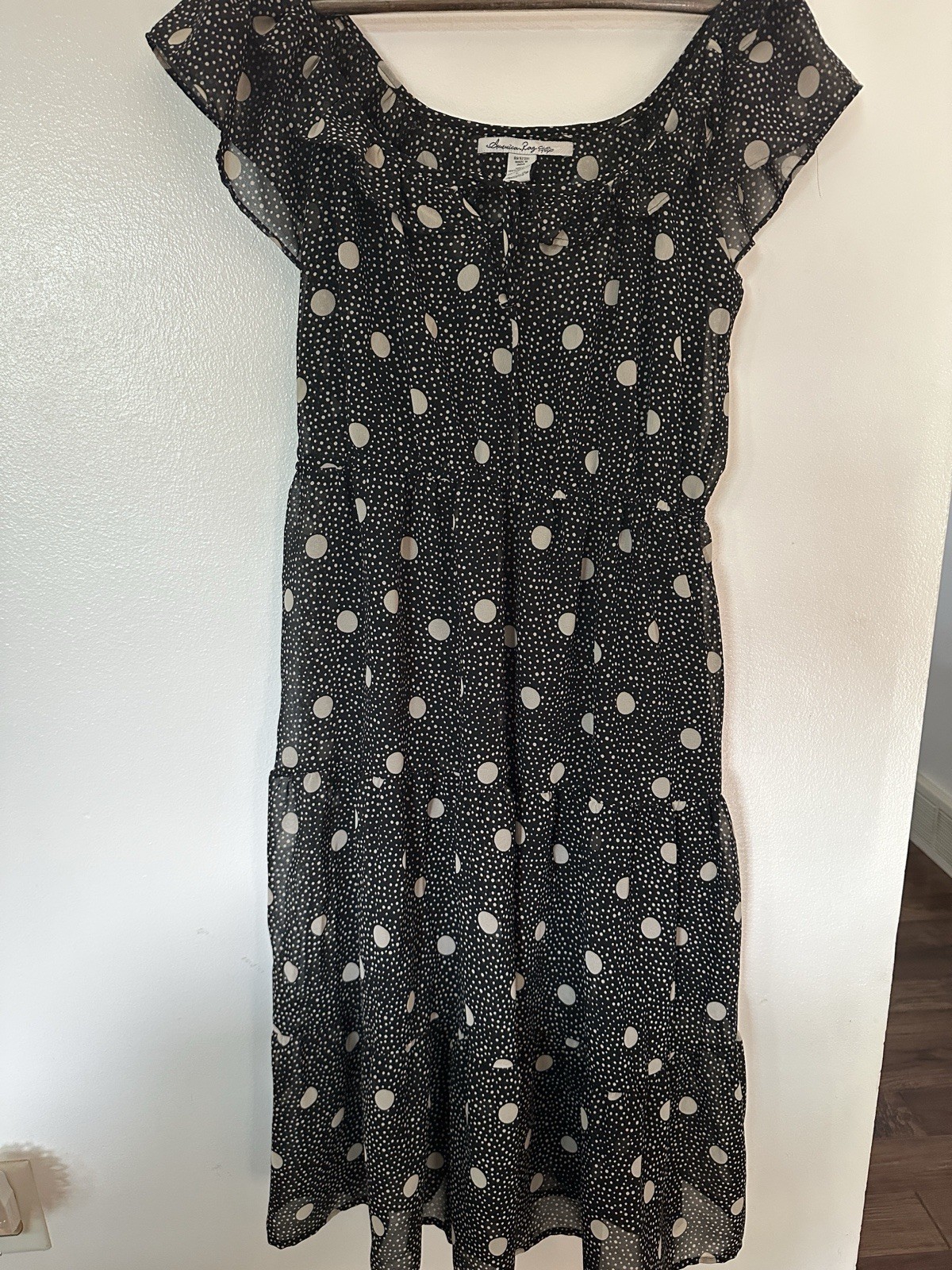 American Rag Black/White Polka Dot A-Line Square Neck Midi Dress, L