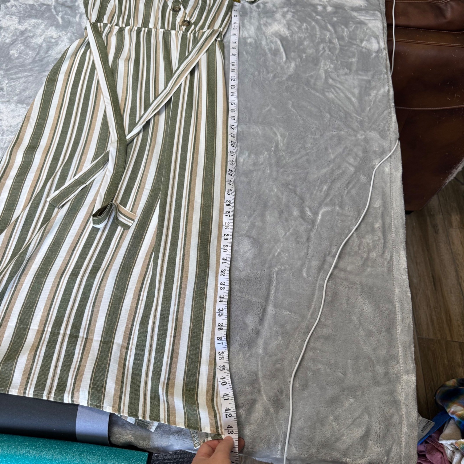 Naif Olive Green Striped Button Accent Maxi Dress Short Sleeve Belted Medium