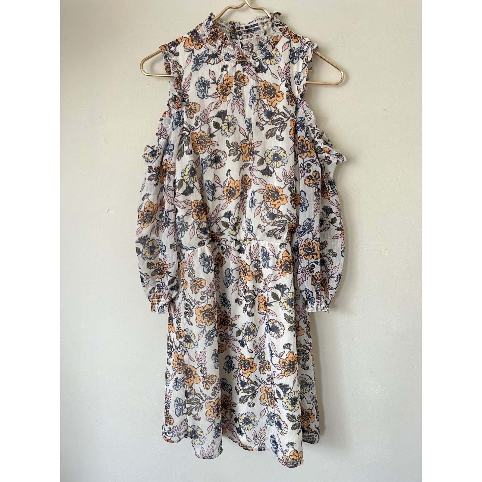 Eyeshadow Floral Cold Shoulder Mini Dress White Orange Blue Mock Neck Large