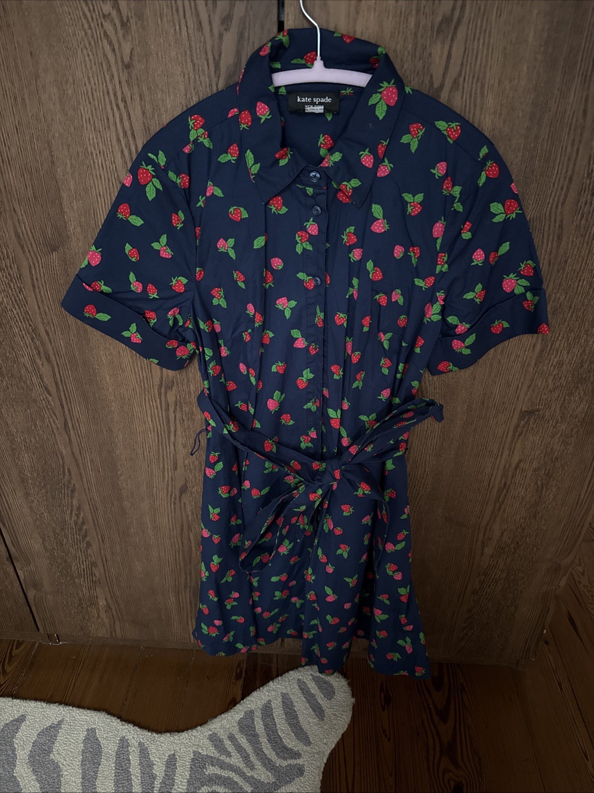 Kate Spade Blue Tossed Strawberry Print Shirt Dress Classic Navy Blue Medium