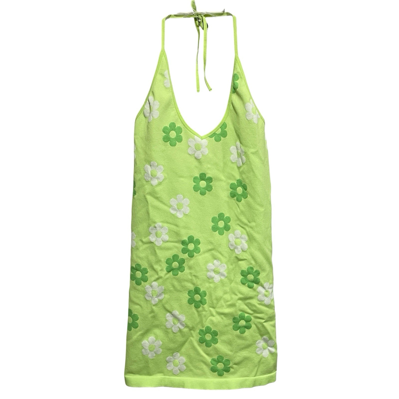 Retro Y2K Hippie Floral Halter Dress Size Large Juniors Lime Green Stretch