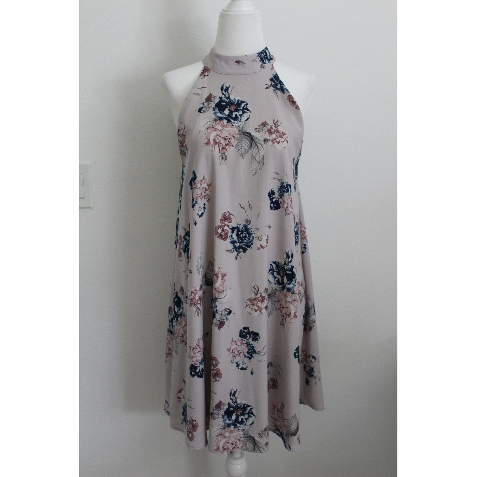 Audrey 3+1 Floral Halter Trapeze Dress Taupe Rose Navy High Neck Keyhole Back
