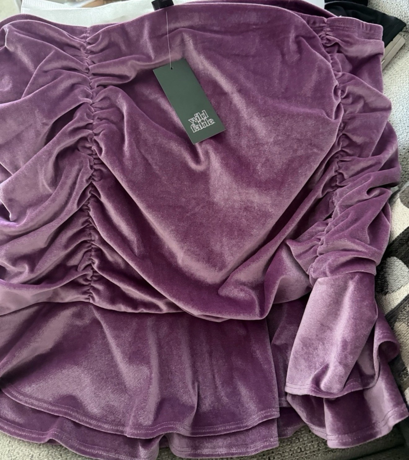 Wild Fable Purple Velvet Ruched Ruffle Square Neck Mini Dress Long Sleeve L