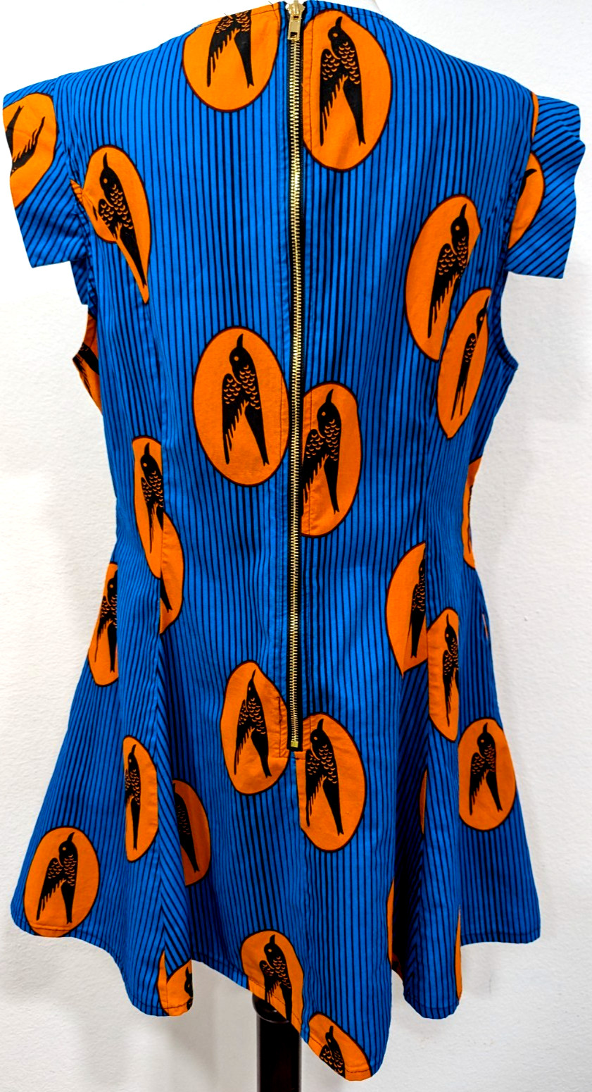 MAE OTTI Authentic African Print Mini Dress BIRDS Blue Black Stripe Size XL EUC*