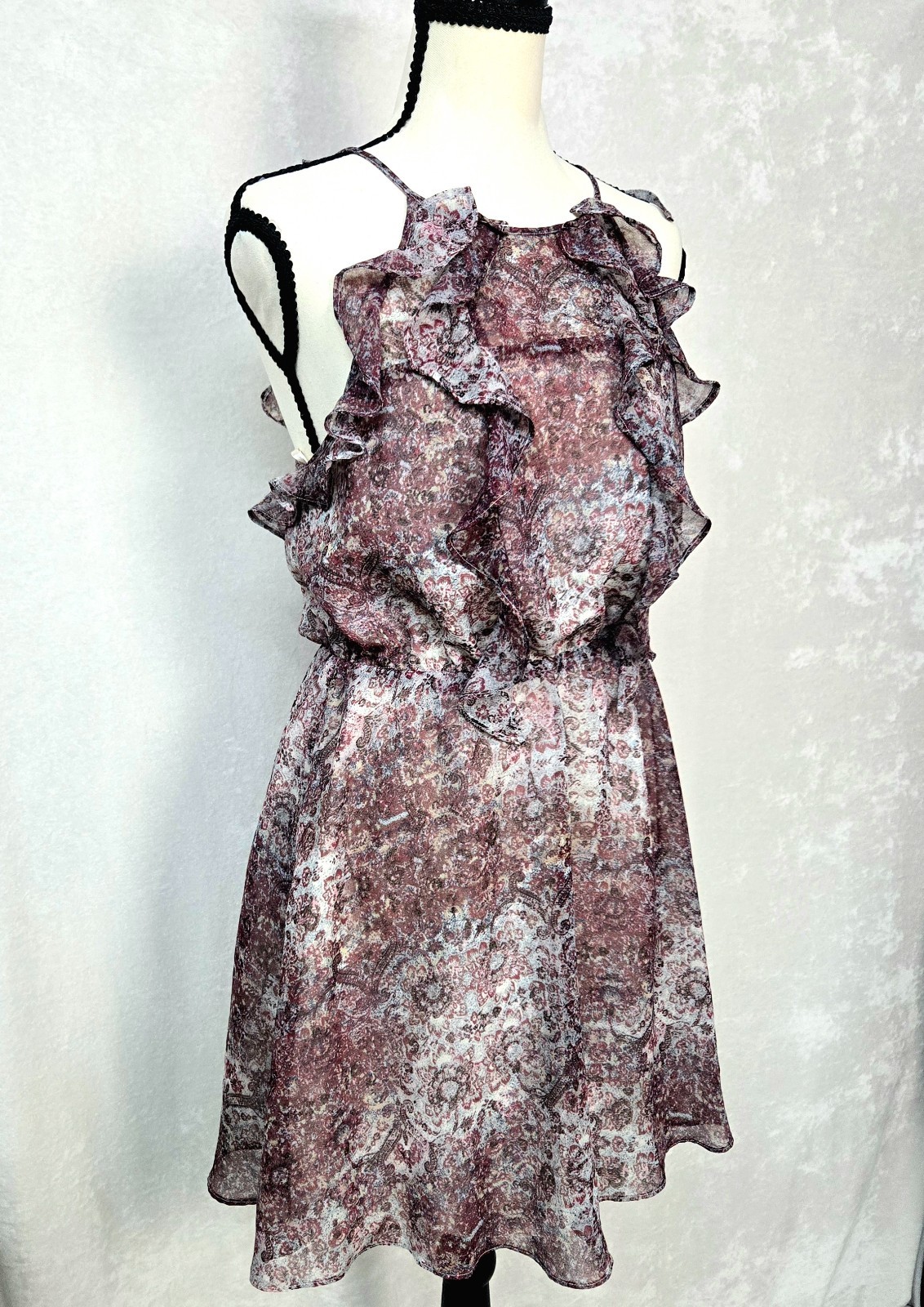 BCBGeneration Mini Dress Paisley Ruffle Halter Chiffon Size Small Boho Summer