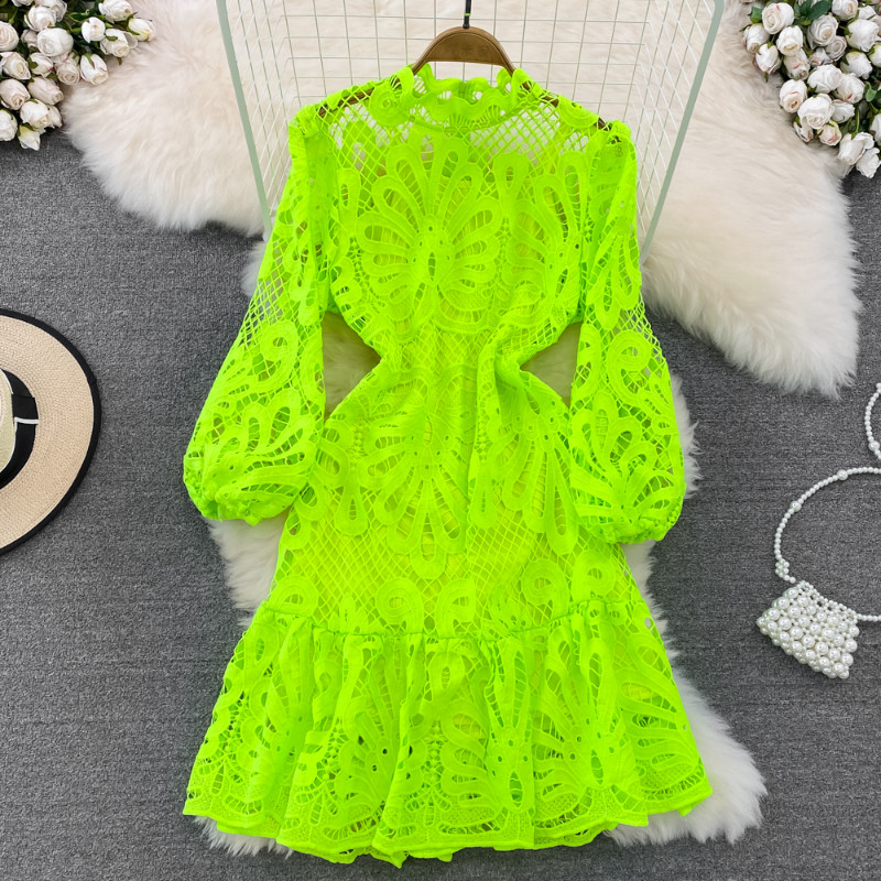 Women Puff Long Sleeve Ruffle Lace Midi Dress Hollow Out Retro Elegant New Dress
