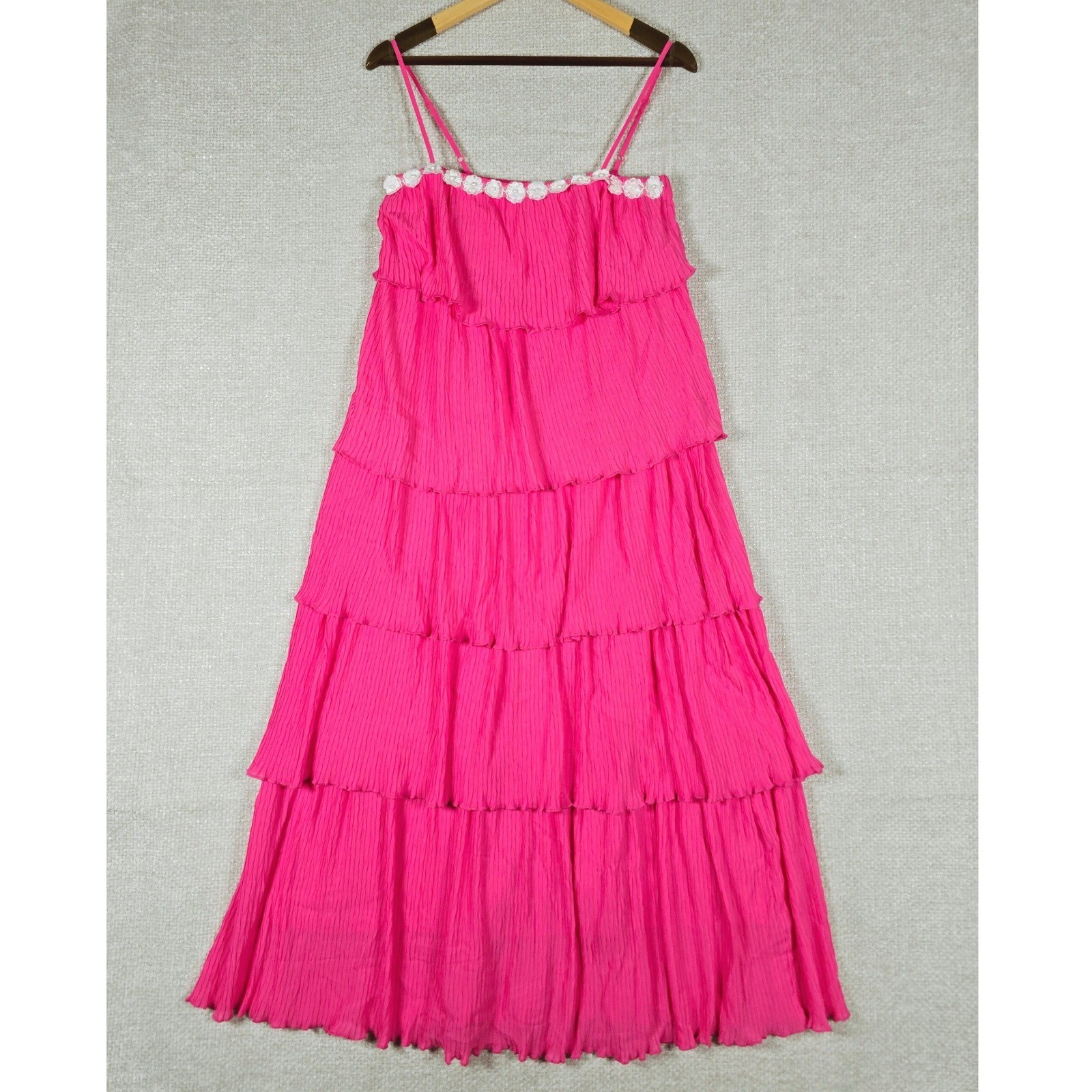 Listicle Womens Pink Tiered Maxi Dress Floral Pearl Trim Pleated Ruffle Sz S