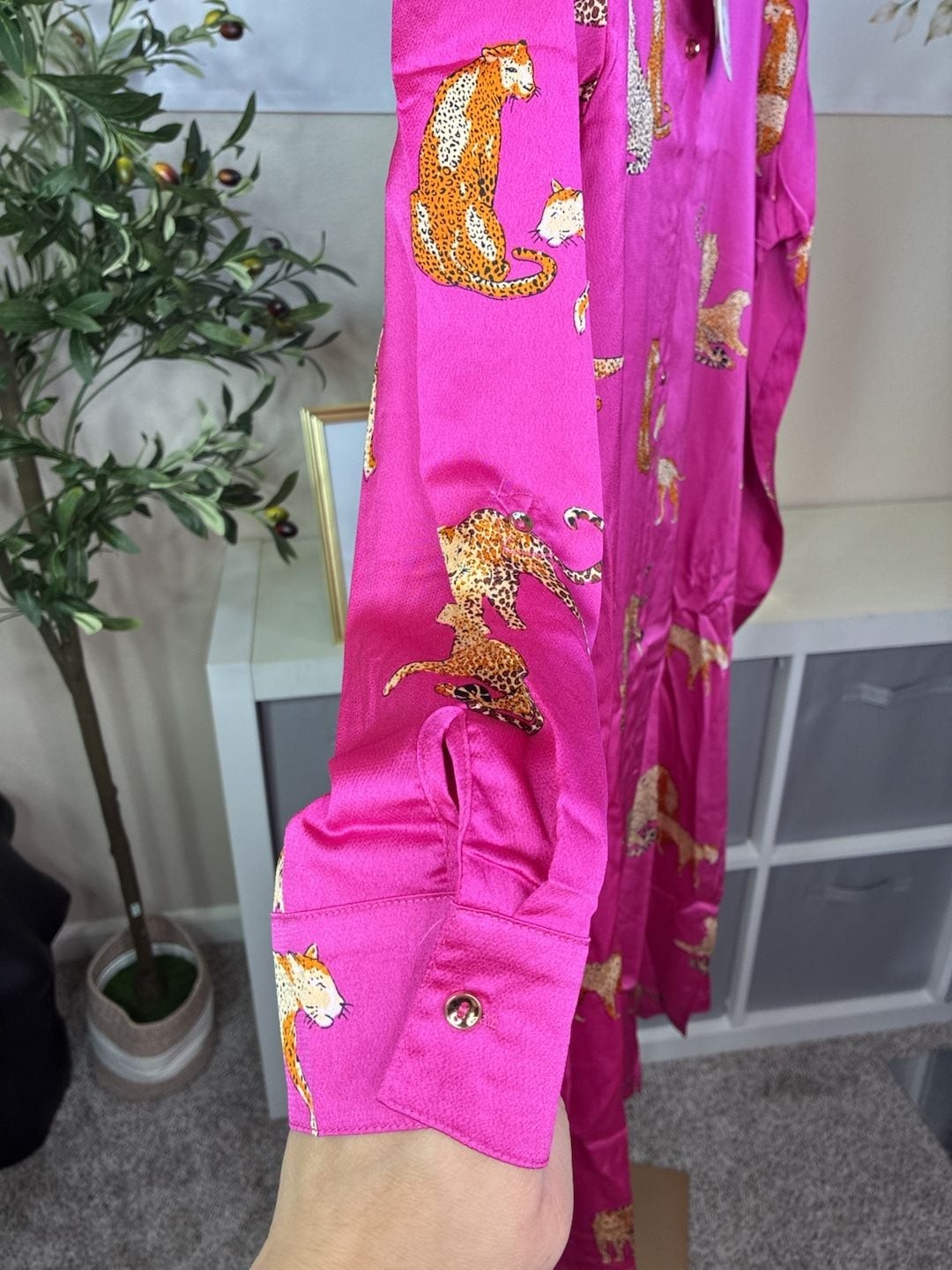 Umgee Satin Cheetah Print Button-Down Midi Shirt Dress in Magenta Pink