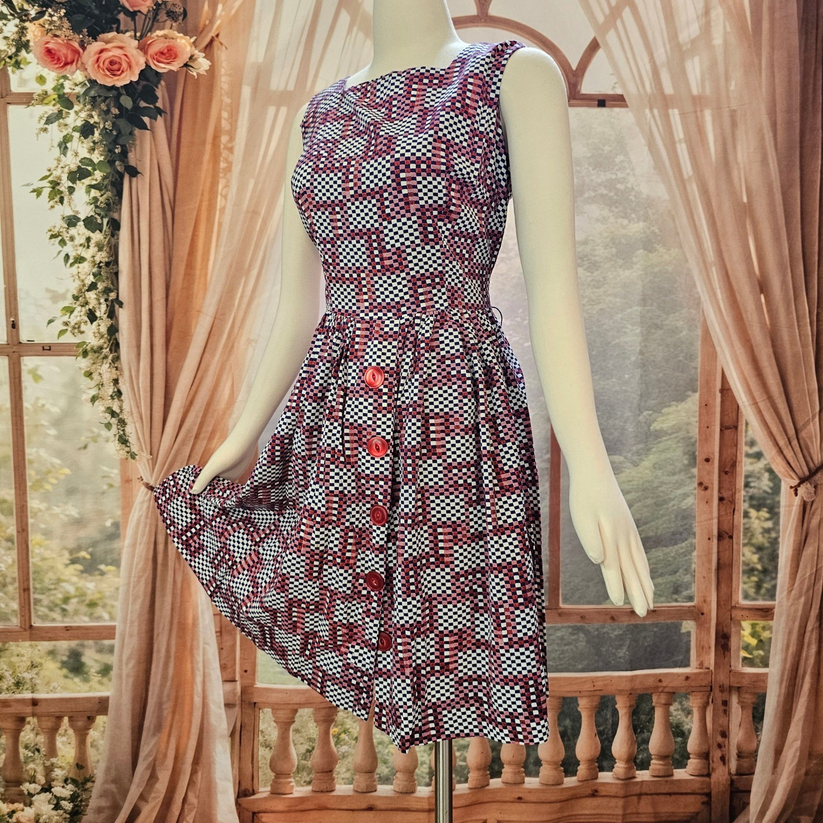 Vintage 1960’s Geometric Checkered Fit & Flare Dress Red White Navy Square Neck