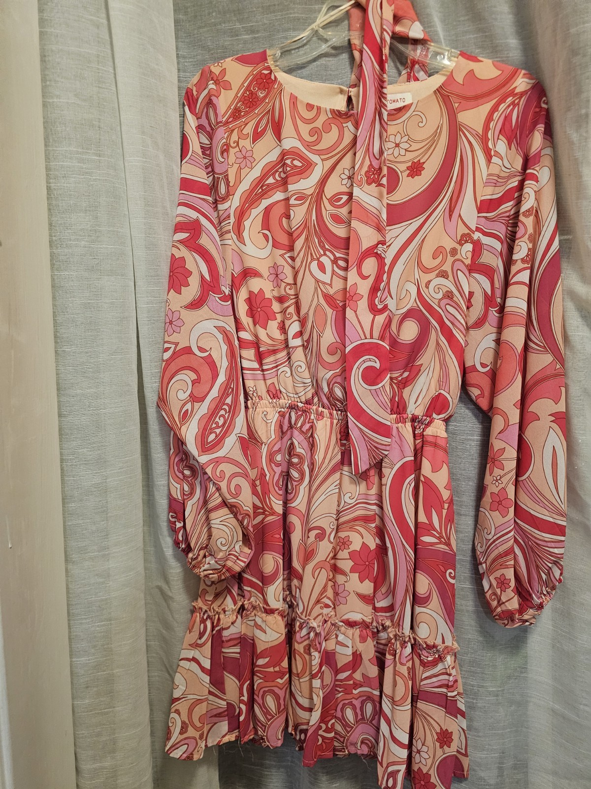 Flying Tomato Women’s S Pink Beige Floral Chiffon Mini Dress Lined Tie Ruffle