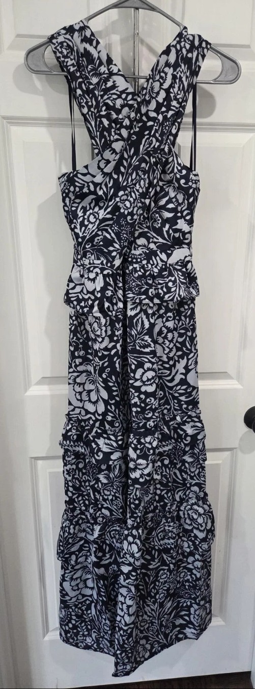 Outerknown Maxi Dress Floral Navy White 100% Recycled Polyester Size 6 Long