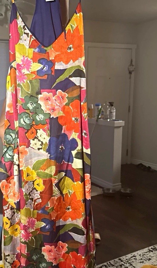 Women’s Multicolor Floral Satin Maxi Dress V-Neck Strappy Sleeveless Size L