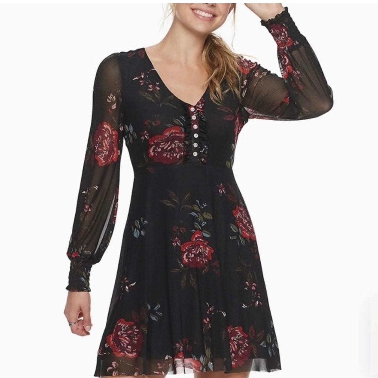 90s Moody Floral Illusion Sleeve Dress Womens Small Whimsigoth Dark Cottagecore