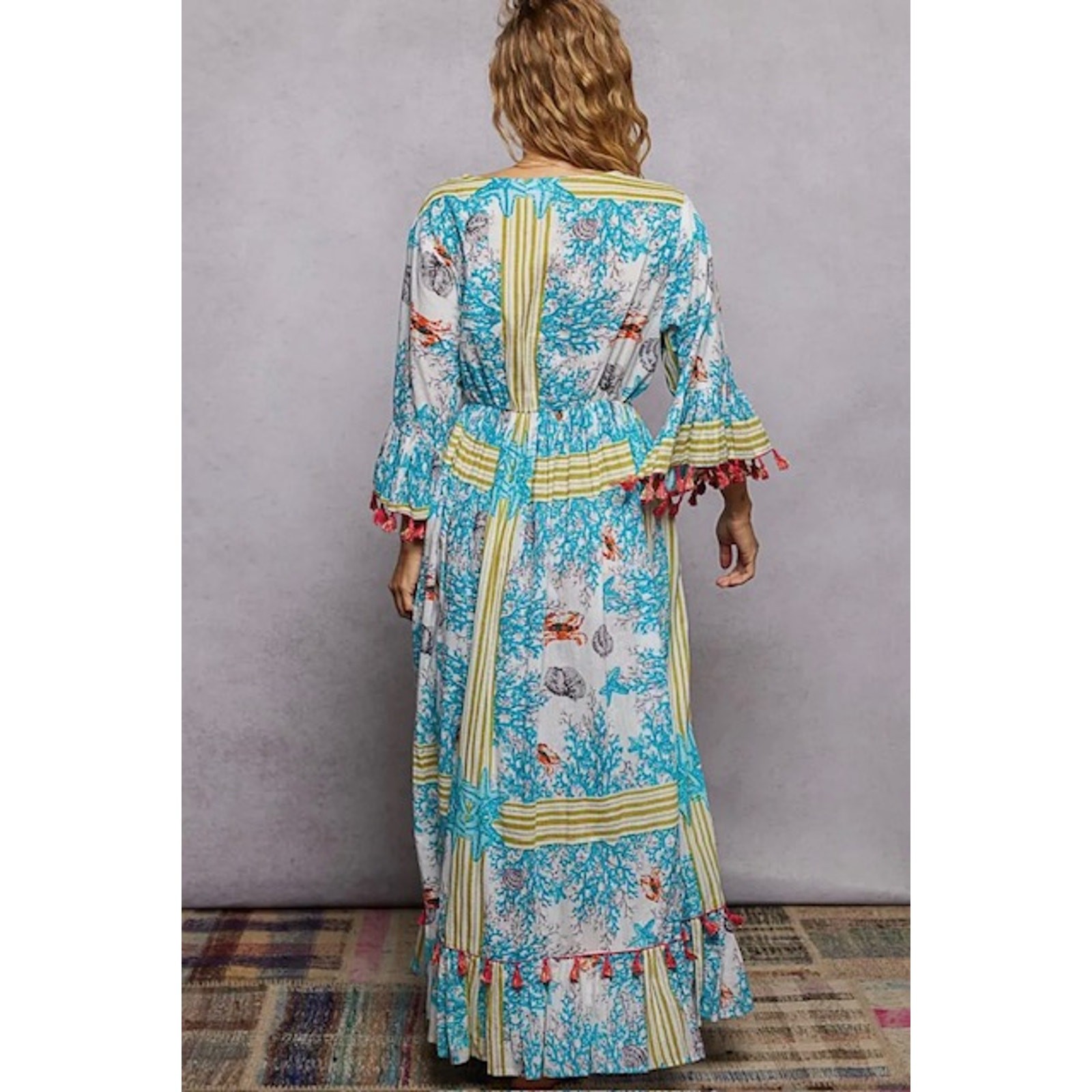 POL – Beach Inspired Pattern Ruffle Sleeve Tassel Maxi Dress – Large