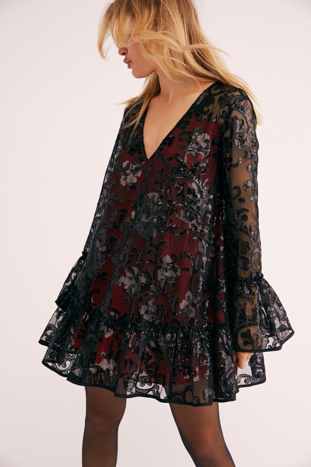 Free People Falling Flowers Frock Mini Dress Red Black Sequins