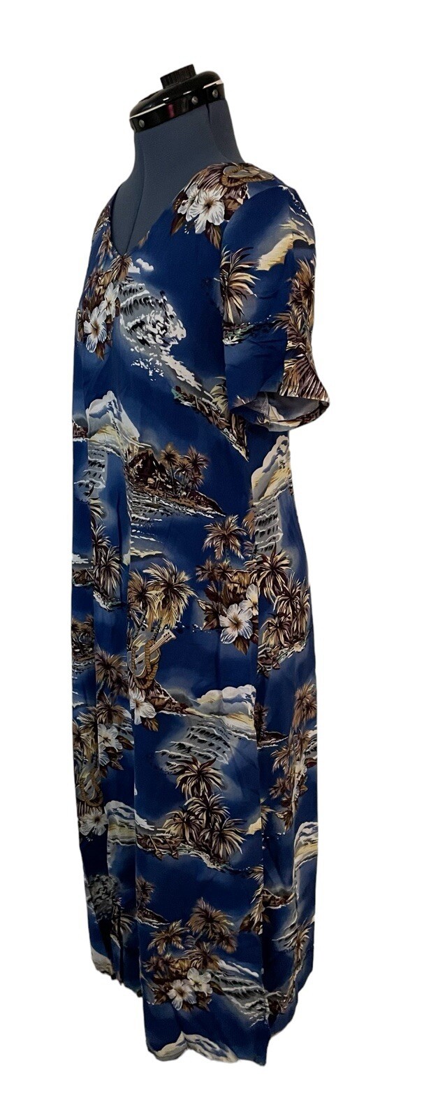 VTG Hilo Hattie Womens Blue Brown Palms Hawaiian Short Sleeve Maxi Dress Beach M