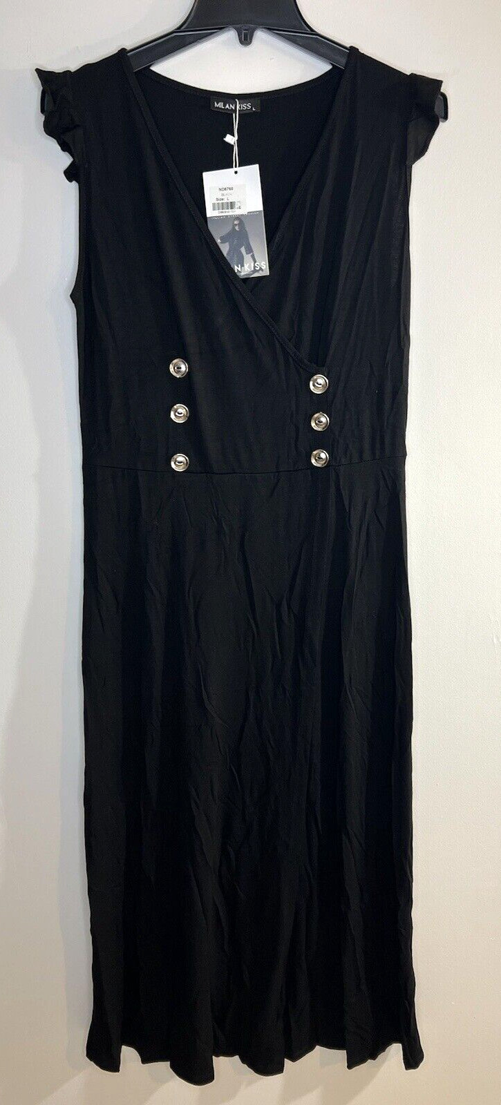 Black Split-Front Cap-Sleeve Midi Dress Size L