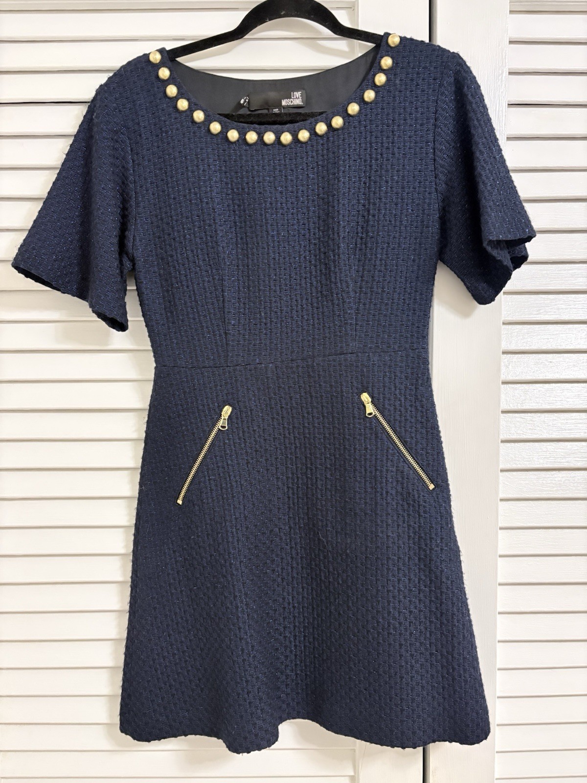Love Moschino Navy Tweed Shift Dress Gold Buttons Zip Pockets Made in Italy