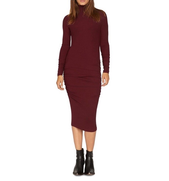 Sanctuary Wine Burgundy Bodycon Ruched Turtleneck Ribbed Midi Dress 35-23
