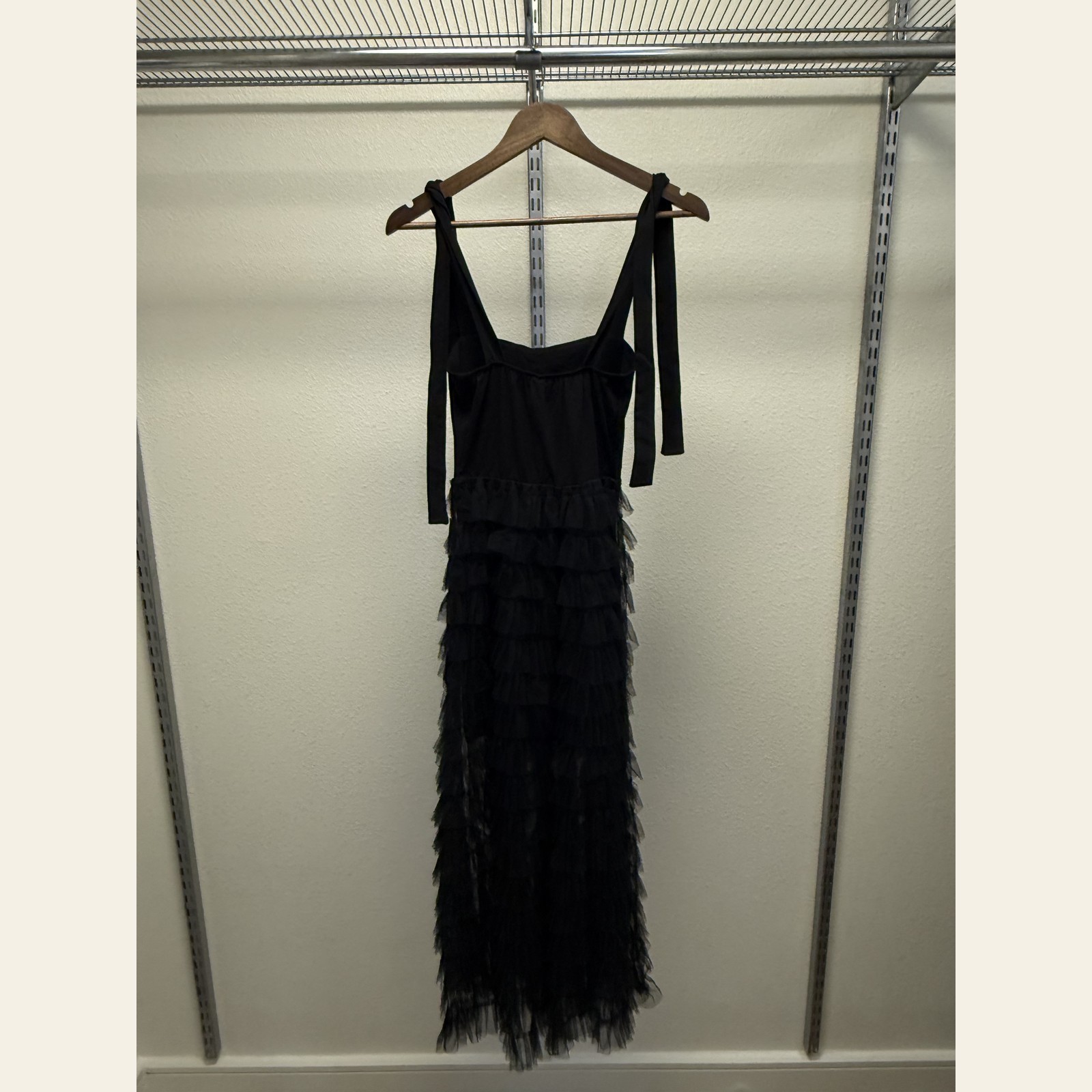 Black Balletcore Tiered Tulle Ruffle Maxi Dress Sweetheart Tie Straps Sz XS S