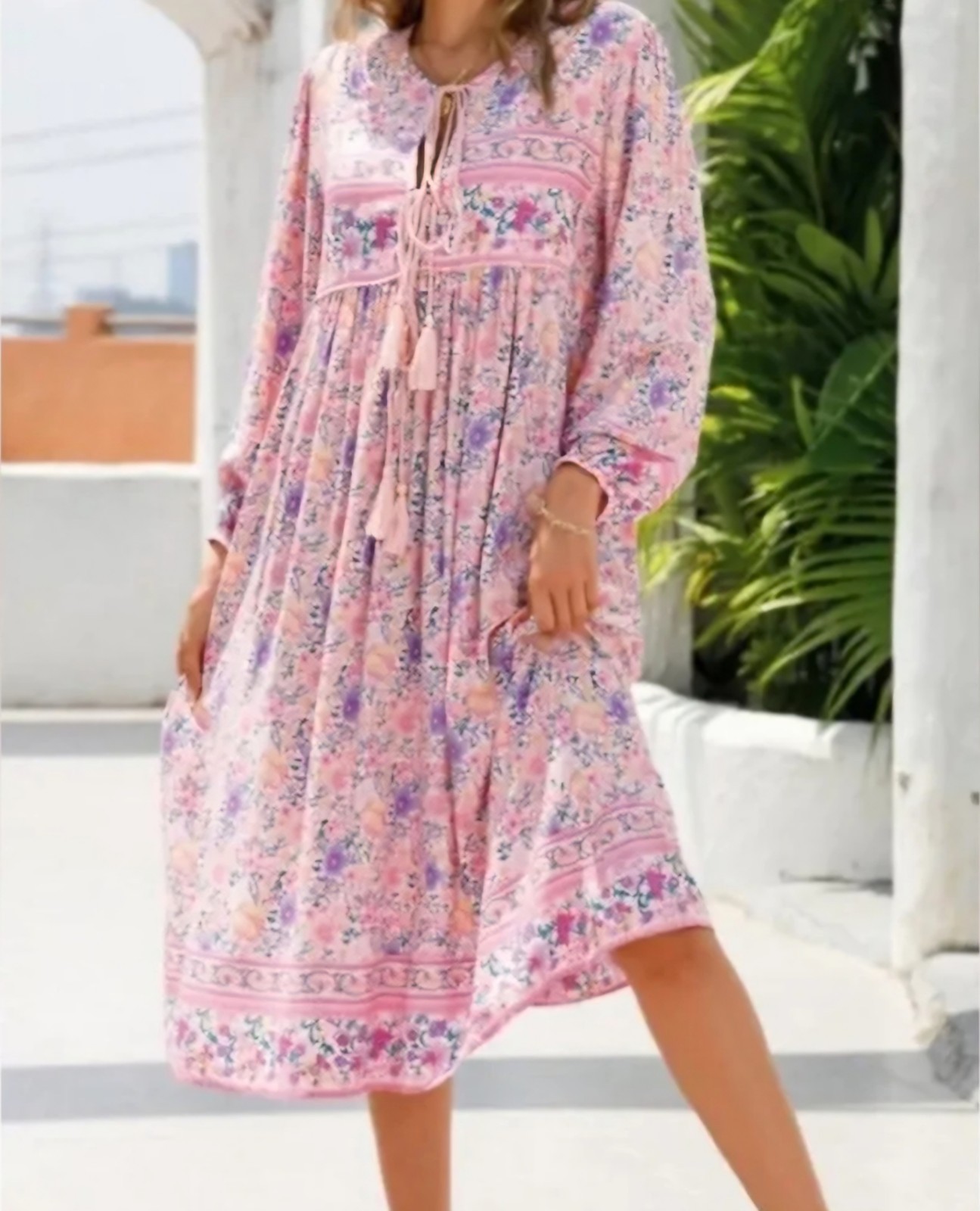 R Vivimos Sz L (12-14) Pink Floral Midi Dress Tassel V- Neck Bohemian L/S