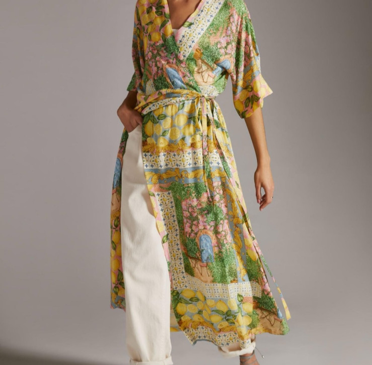 Aldo Martins Abstract Print Knit Tie Waist Midi Cardigan Dress Floral Lemons O/S