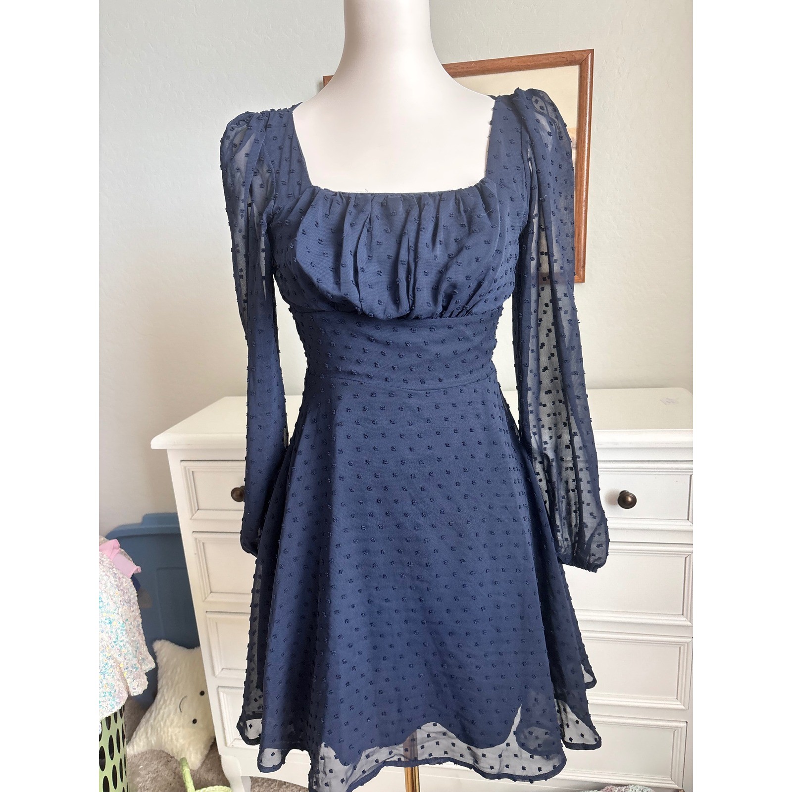 Navy Blue Mini Dress Swiss Dot Square Neck Long Sleeve Ruched A-Line Fit & Flare