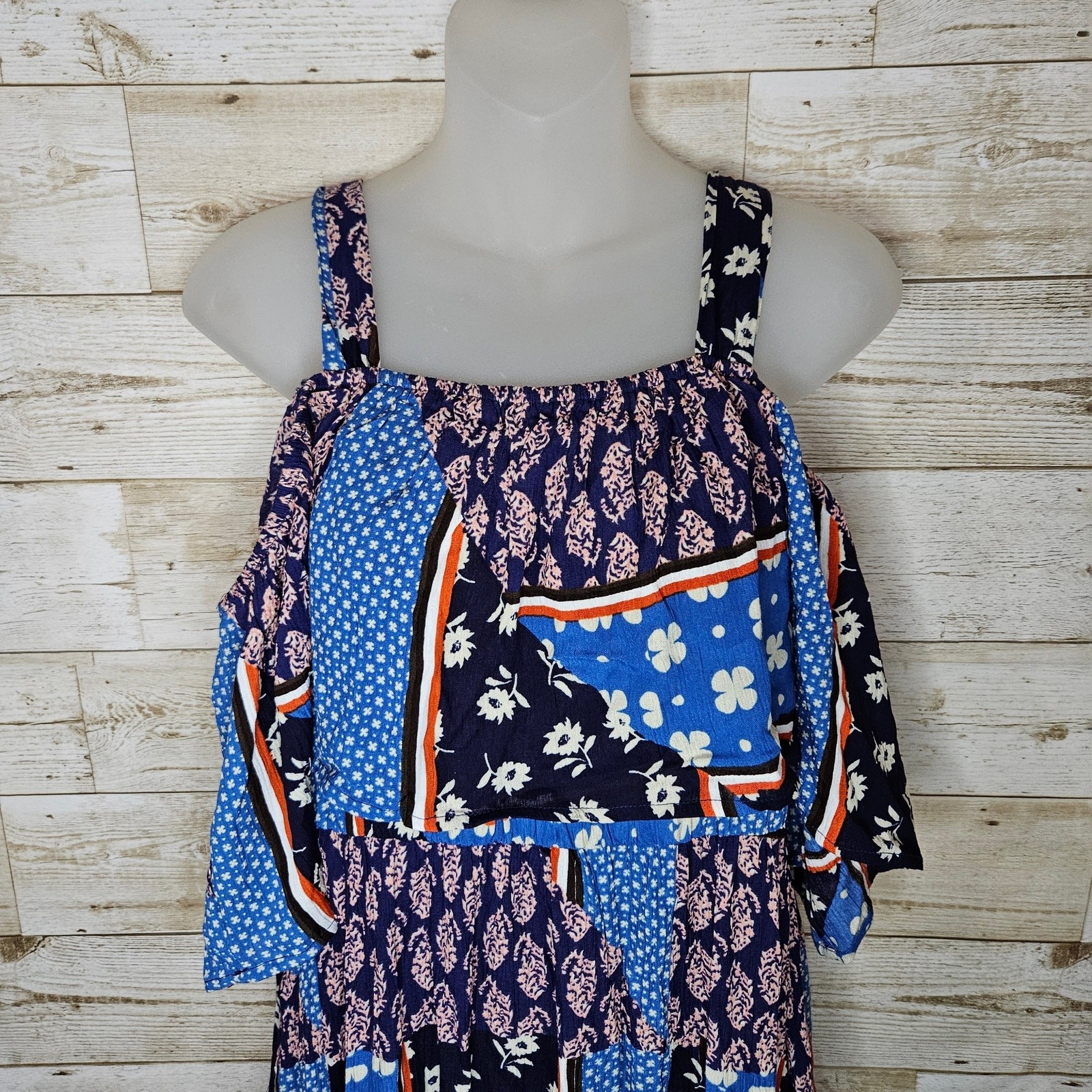 Evans Patchwork Maxi Dress 14 Sundress Floral Ruffle Patriotic Cottagecore XL