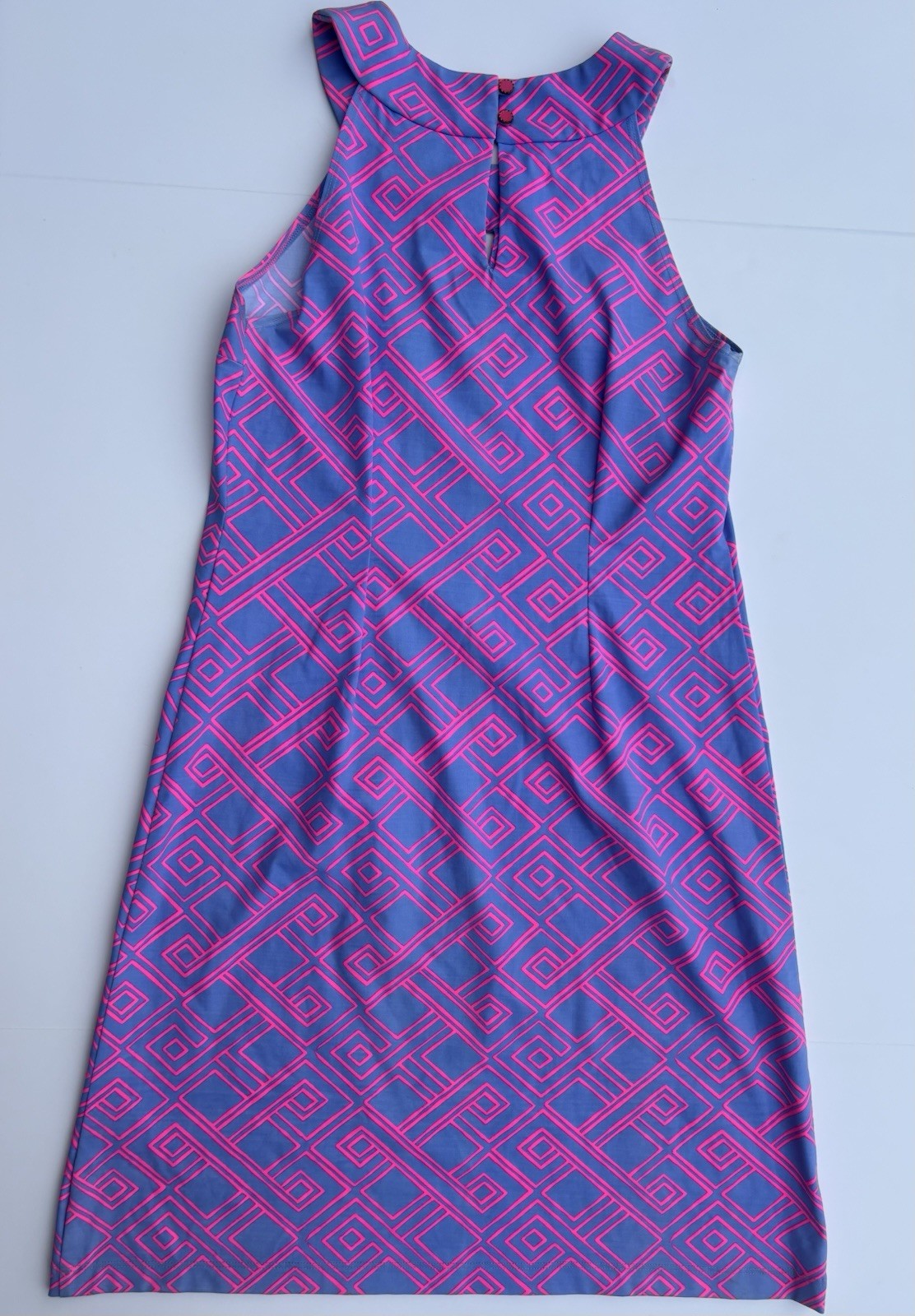 Britt Ryan Size M Pink Blue Bright Sleeveless Sheath Keyhole Geometric Pattern