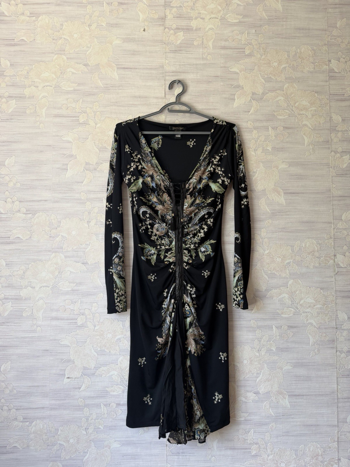 Roberto Cavalli F/W 2004 Leather Lace Up Plunging Ruched Dress Size S