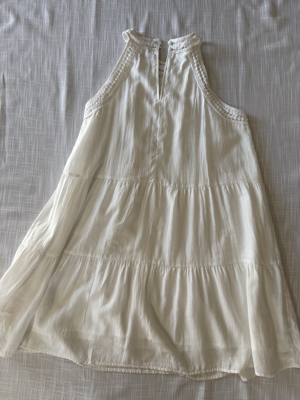 BTFBM Women’s White Solid Halter Lace Yoke Tiered A-Line Lined Knee Dress Sz L