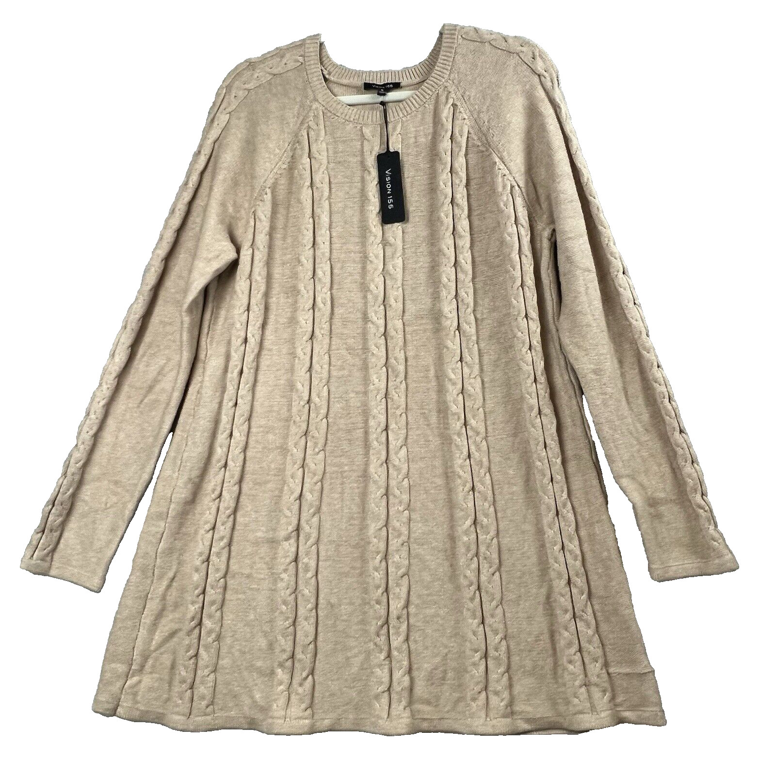 Vision 155 Sweater Cable Knit Women Large Tunic Long Sleeve Tan Cottagecore