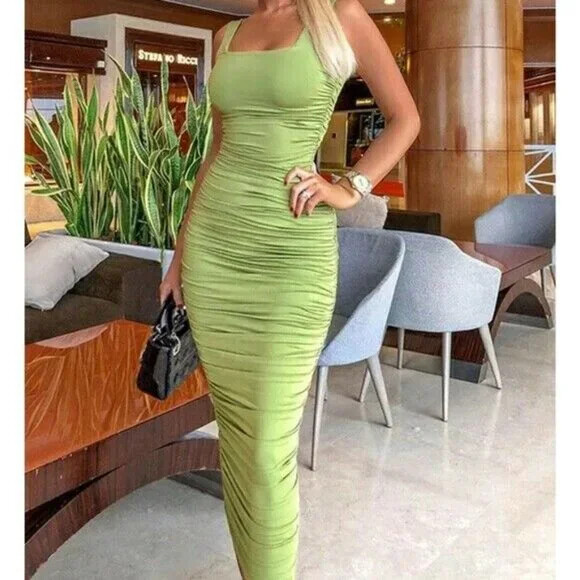 Women Green Square Neck Ruched Midi Tank Dress Sleeveless Soft Bodycon S M L