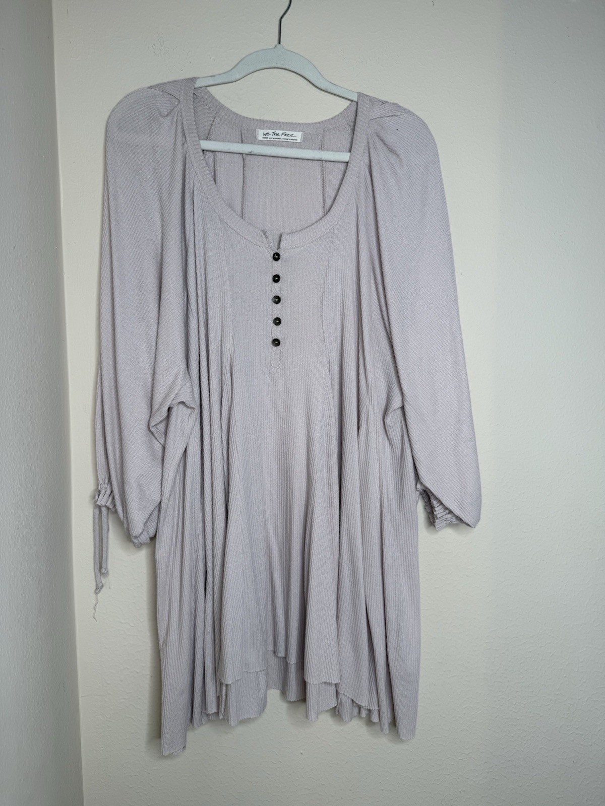 We The Free Beige Solid Ribbed Knit Henley Button Front Mini Dress M 3/4 Slv