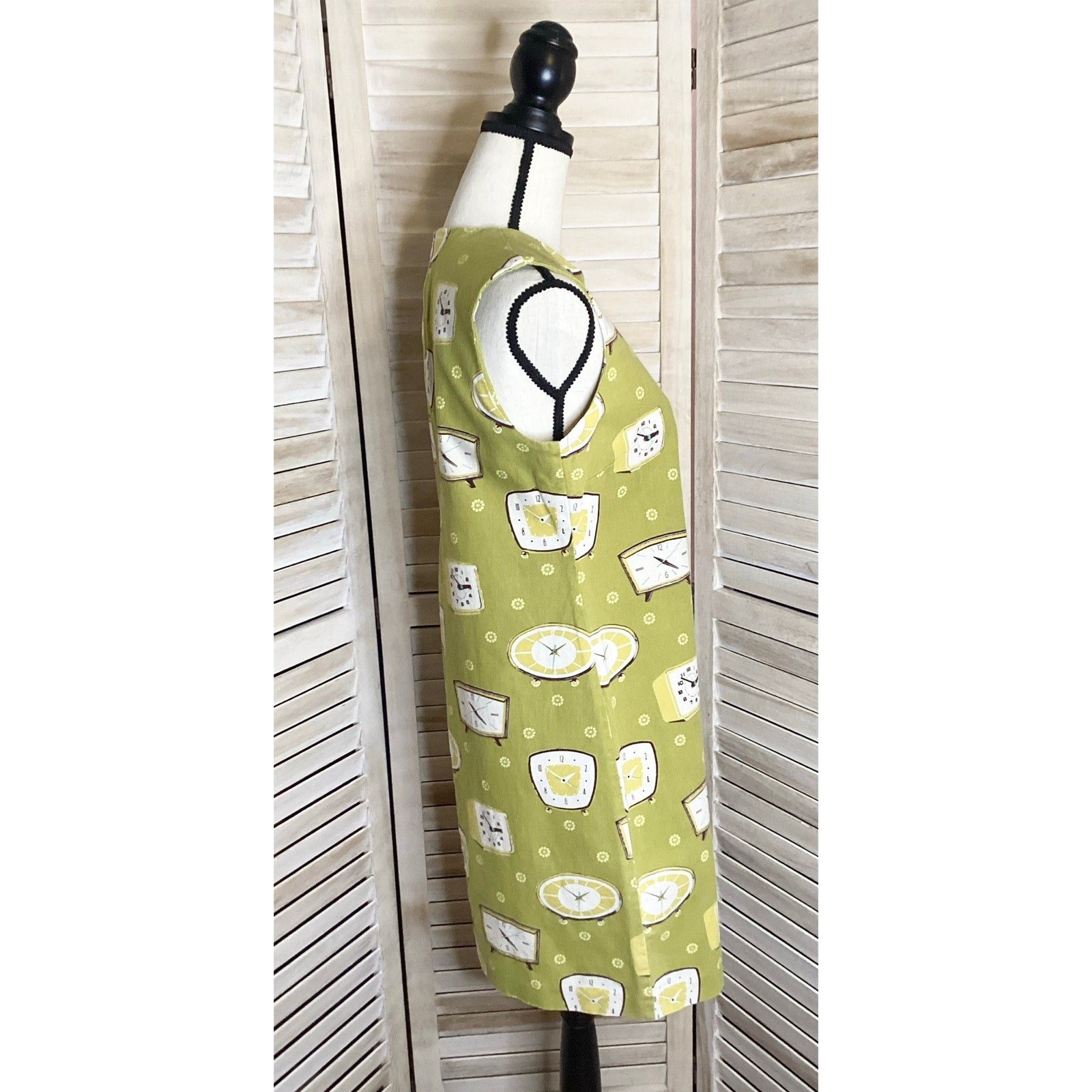 Vintage Retro Mod Atomic Clock Print Green Cotton Shift Mini Dress M Spain