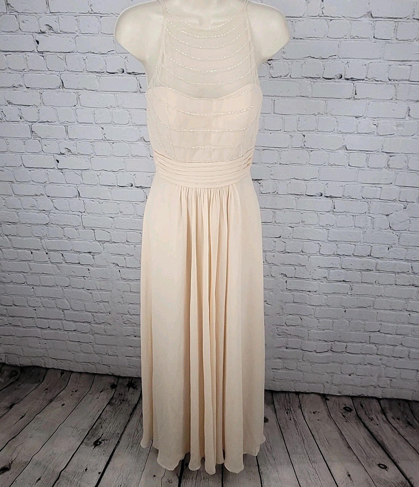 Belsoie Cream Chiffon Beaded Strappy Empire Waist Bridesmaid Dress Gown Size 4