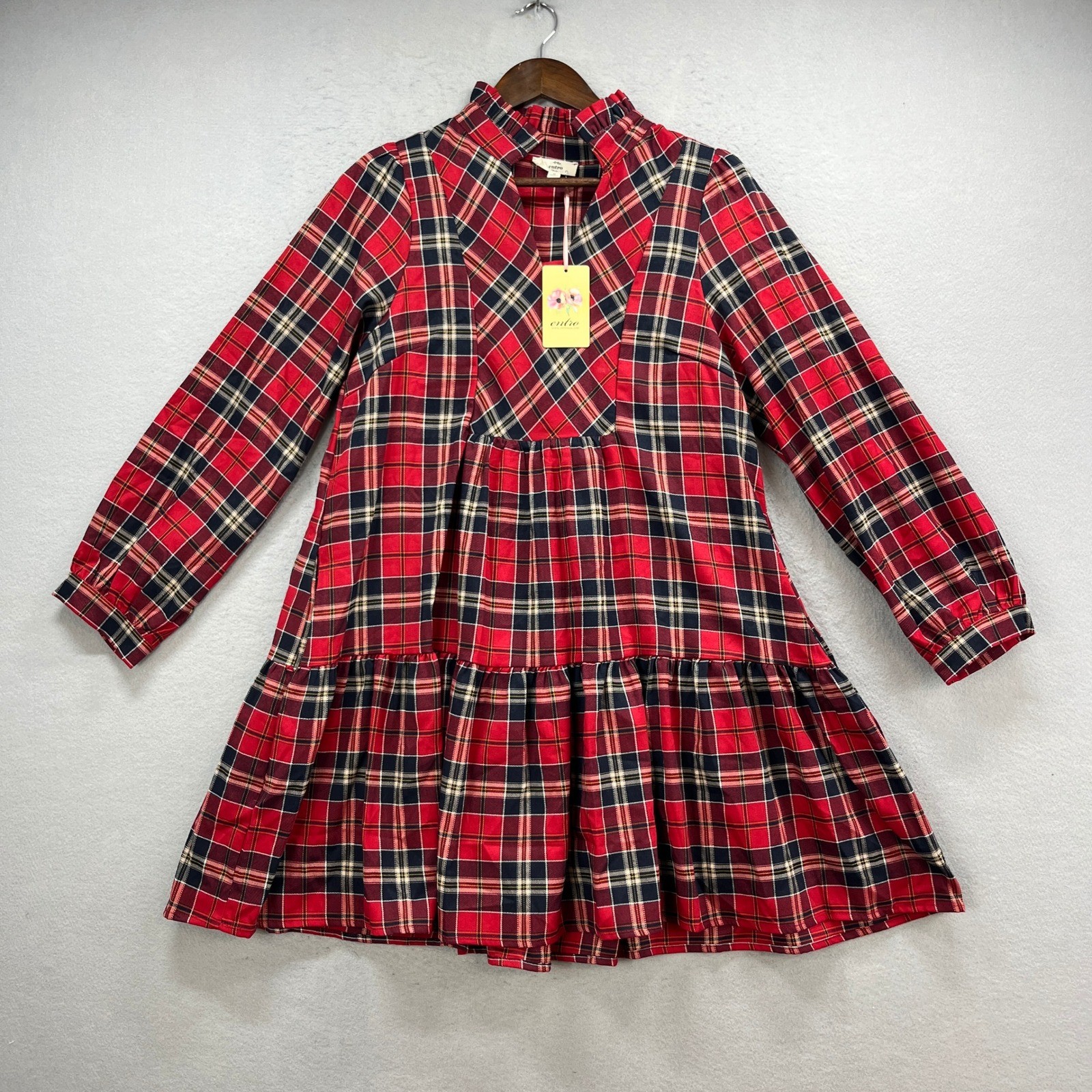 Entro Mini Dress Womens M Red Plaid Tiered Ruffle Mock Neck Babydoll Preppy New