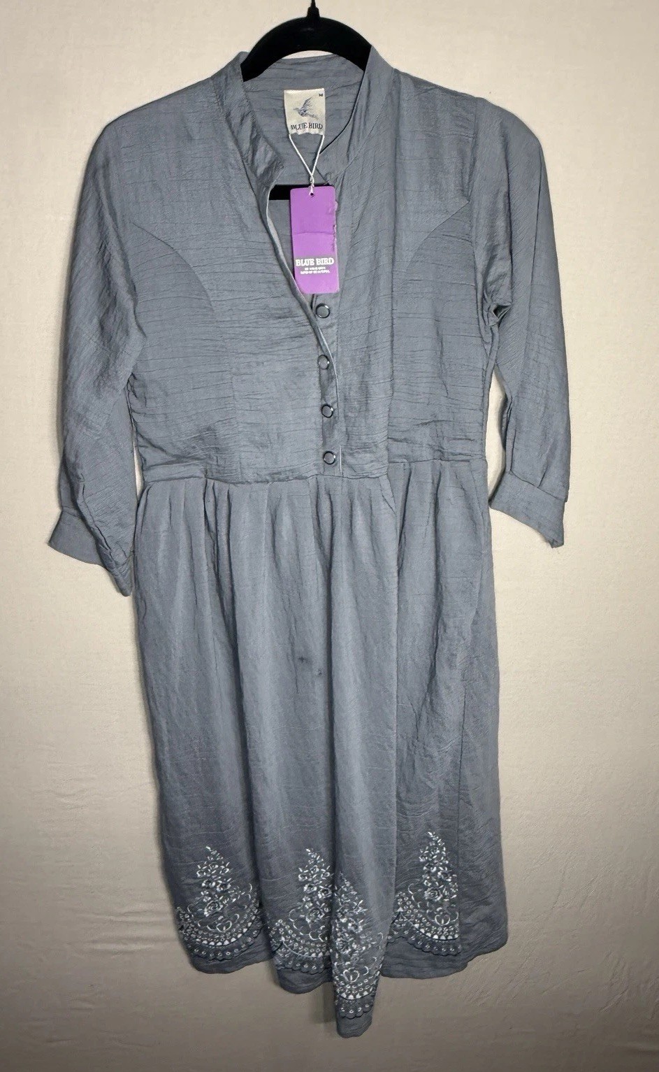Blue Bird Dress Womens M Gray Embroidered Midi Boho 3/4 Sleeve NWT India