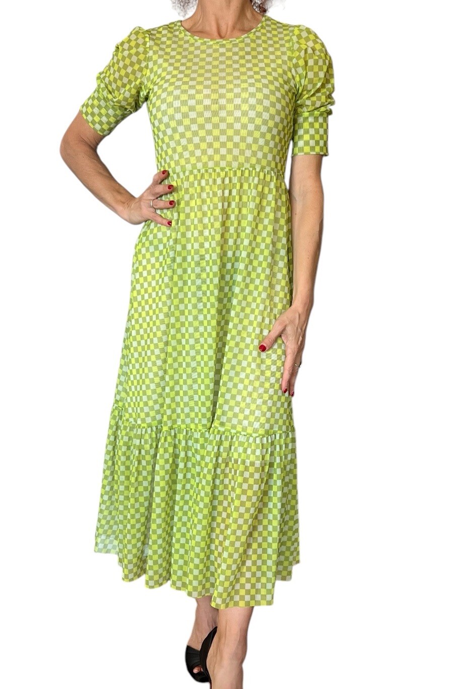 BAUM UND PFERDGARTEN Jocelyn Puff Sleeve Midi Tiered Mesh Green Check Sulphur XS