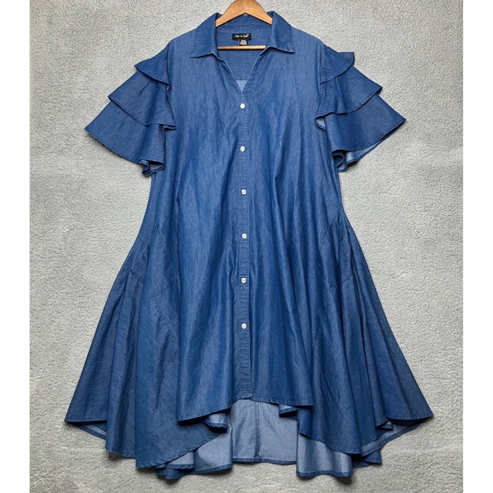 Step In Style Midi Shirt Dress Women 3X Blue Chambray Ruffle Pockets Swing Artsy