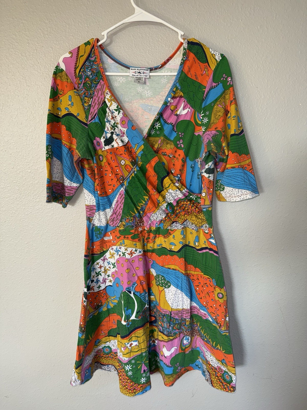 BLUE PLATYPUS, landscape rainbow farm dress size XLarge