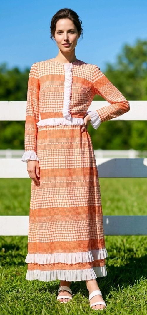 Vintage 60’s 70’s Miss Elliette Maxi Dress Orange Polka Dot Ruffles Wedding 12