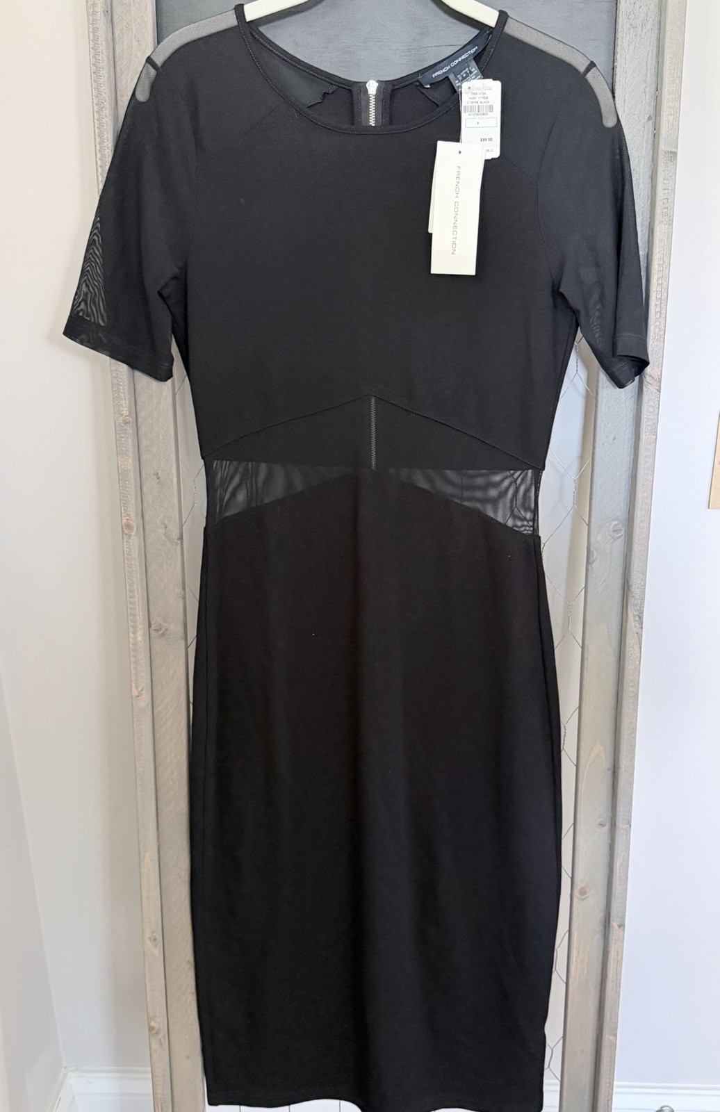 NWT French Connection Black Sheer Mesh Panel Sheath Midi Dress Back Zip Size 8