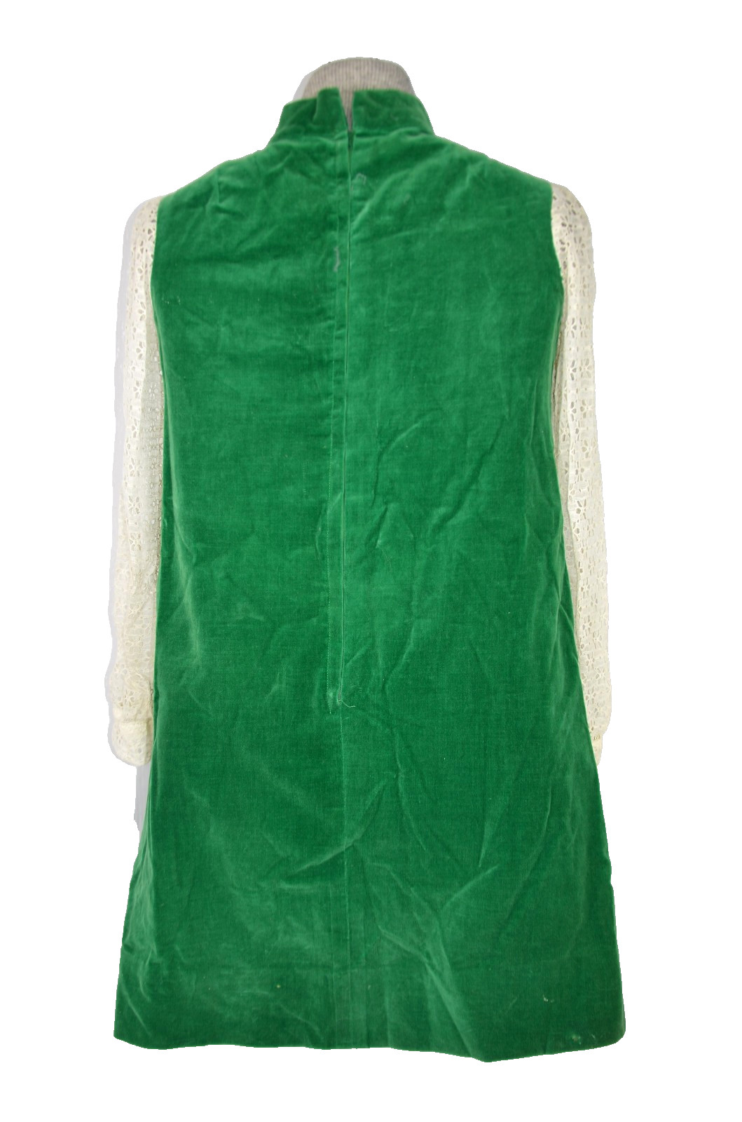 Mod Go Go Green Velvet Mini Dress Vintage 60s Mid Shift XS Lace Holiday A-Line