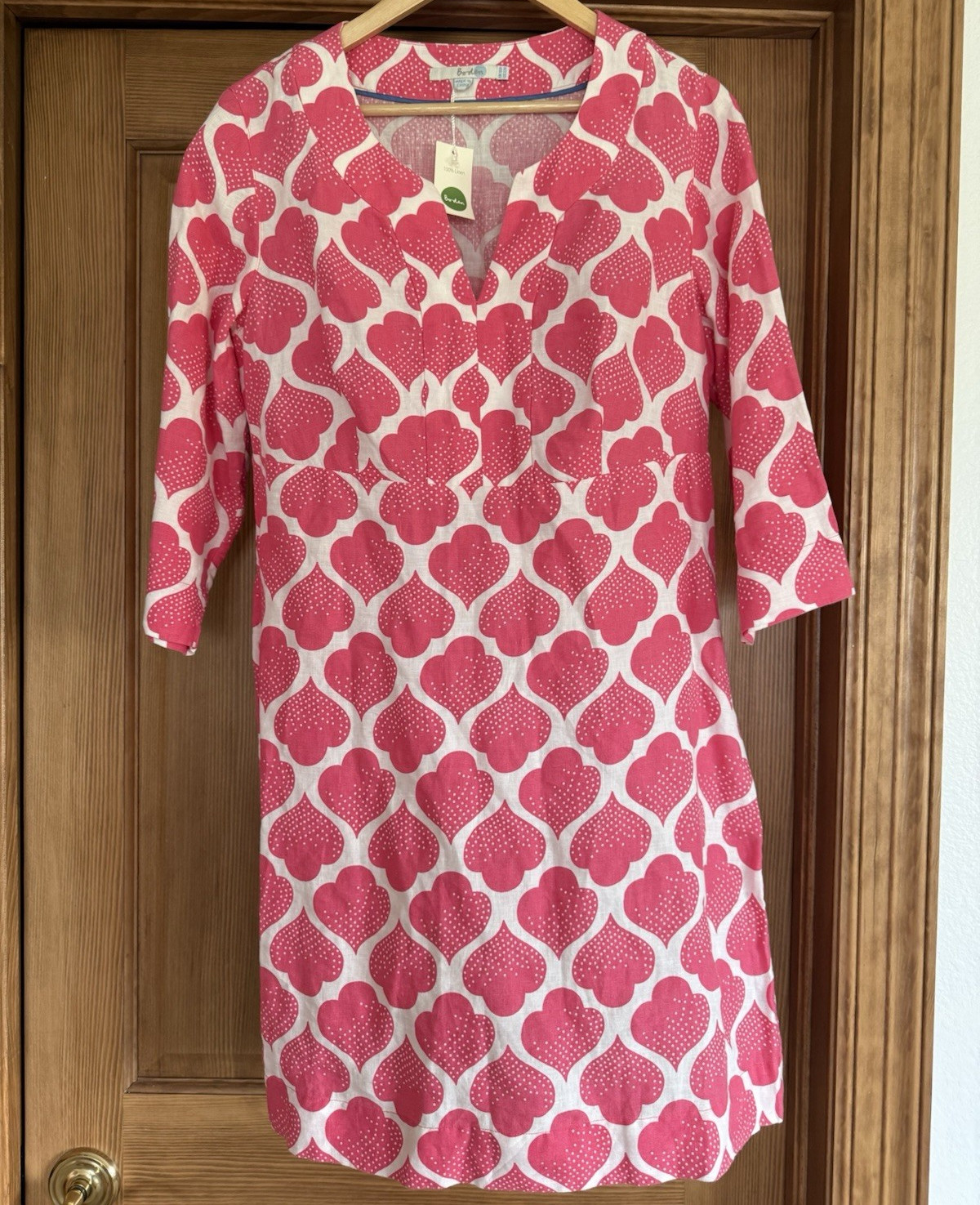 Boden Pink White Heart Print V-Neck Shift Linen Dress 3/4 Sleeve UK 16R US 12