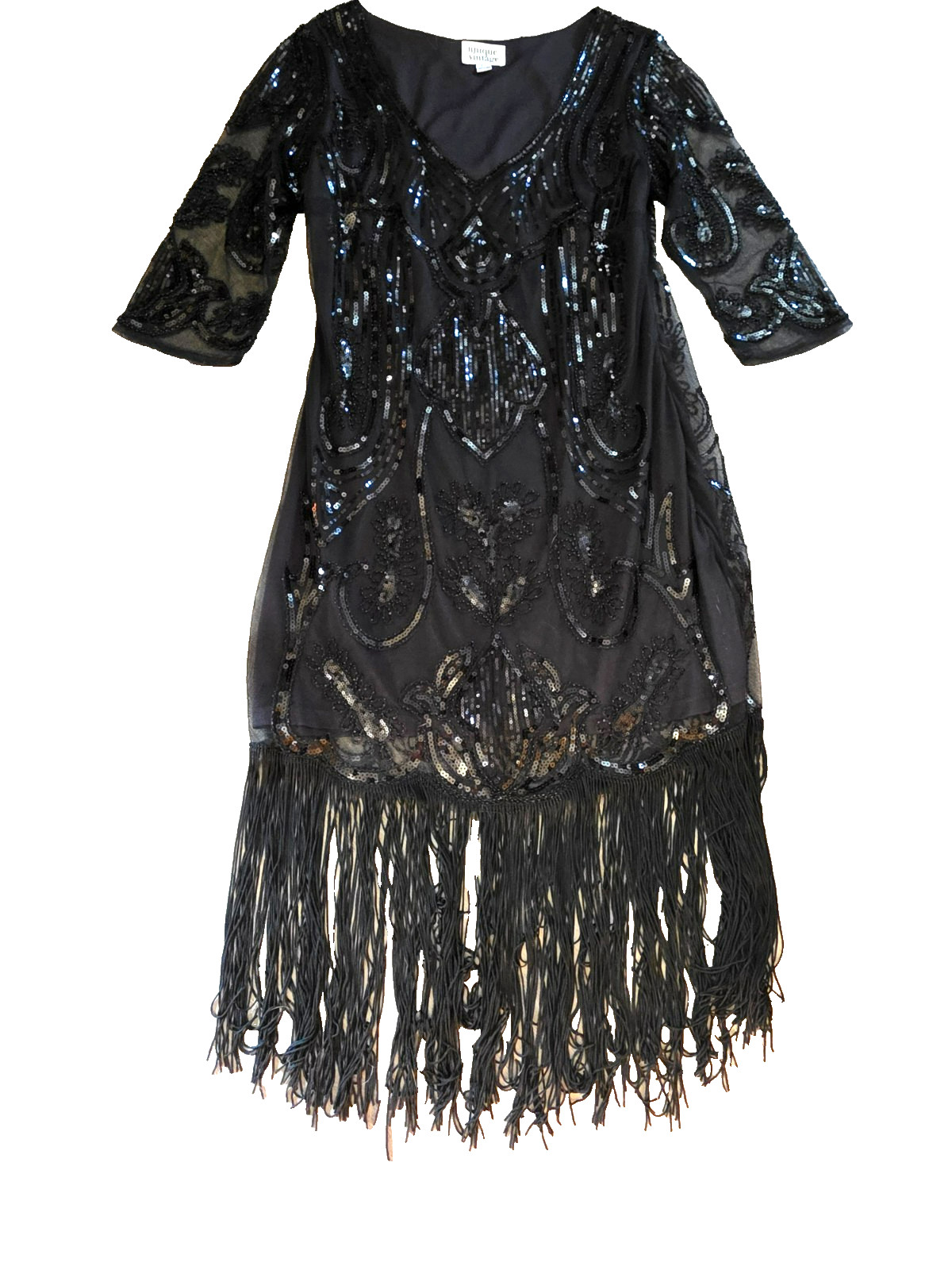 Unique Vintage L 10-12 Black Sequin Beaded Fringe Flapper Dress with Headband