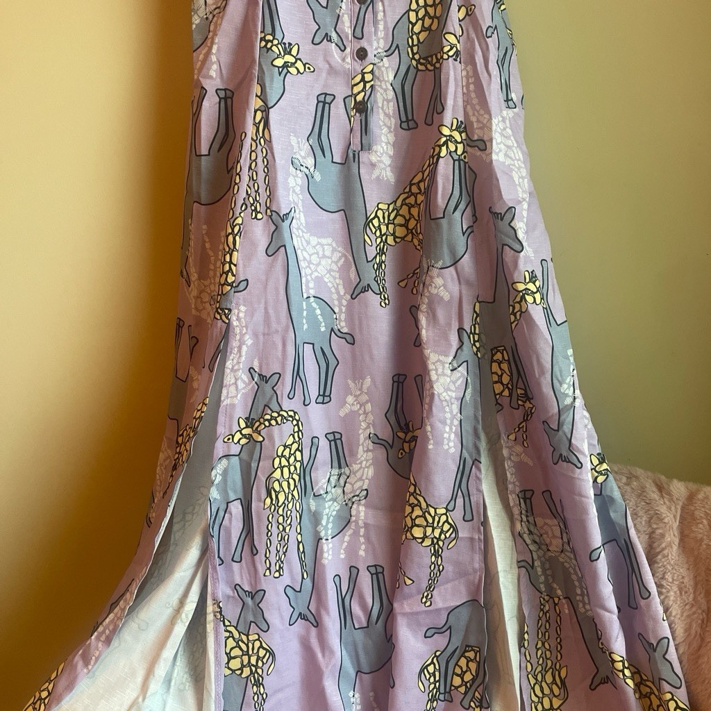 Unique Vintage Purple Giraffe Print Puff Sleeve Maxi Dress XS/2