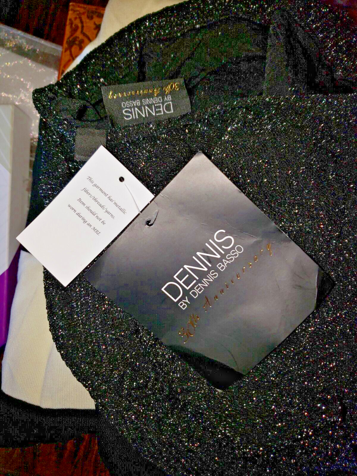 NWT Dennis Basso -30th Anniversary cowl neck metallic fiber black dress size LP