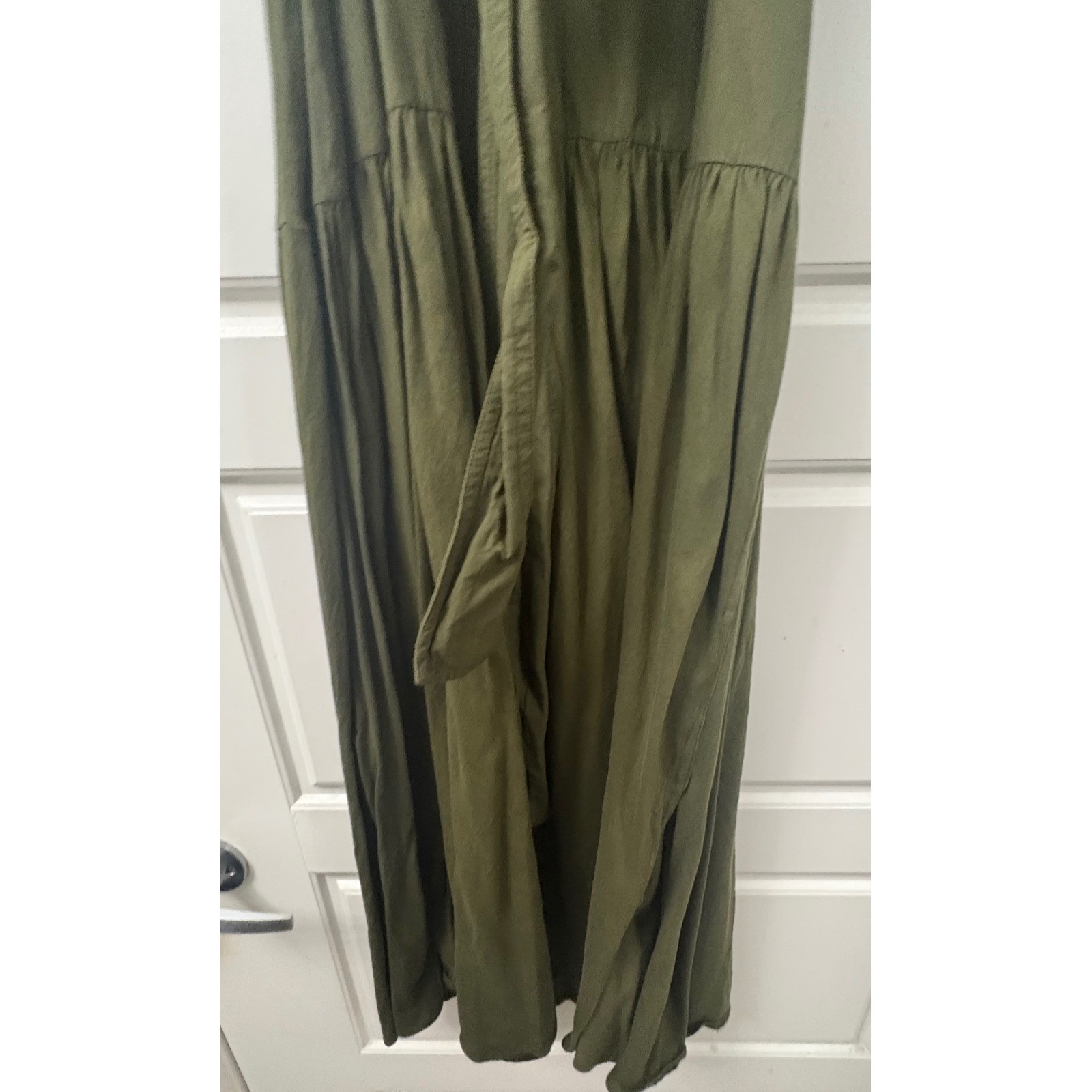 Zara Womens Olive Green Puff Sleeve V-Neck Midi Cotton Poplin Dress Size S